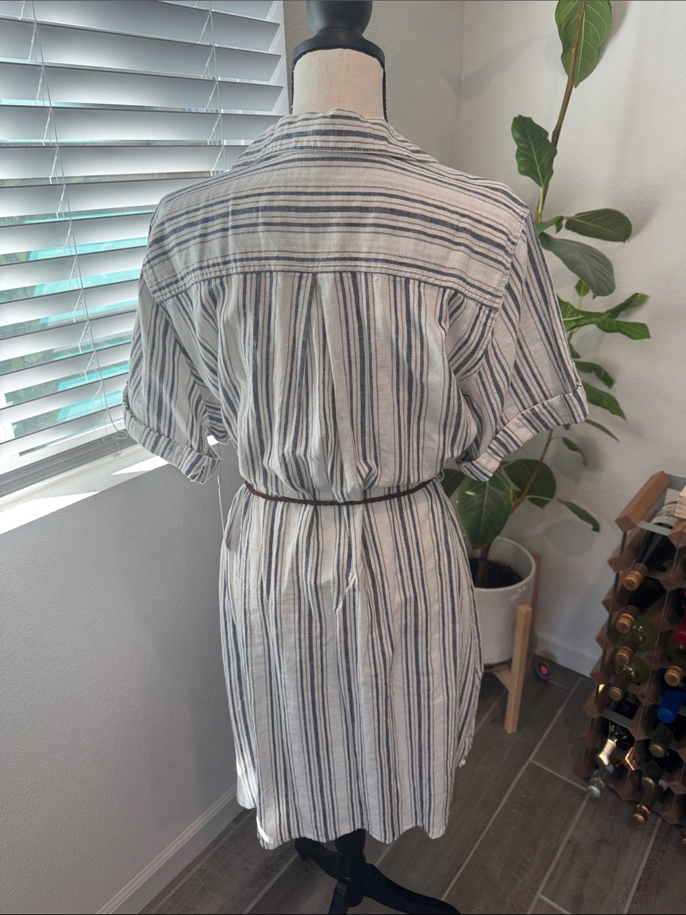 Striped Shirt Midi Dress with Tassel Belt - White/Blue - Picture 8 of 14